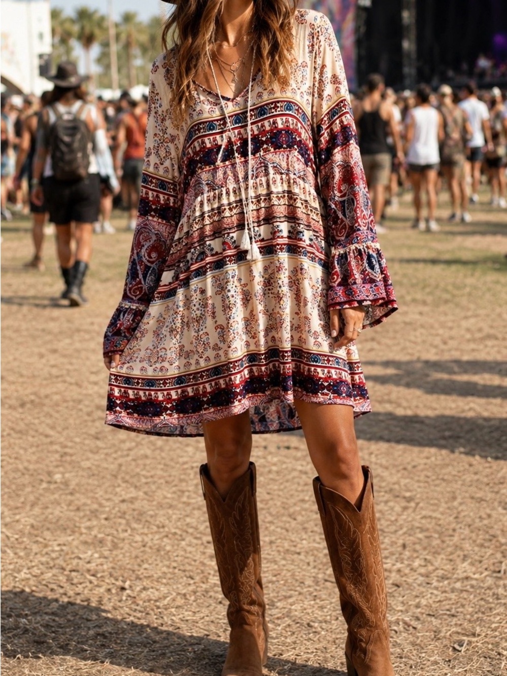 Artesia Women’s Boho Midi Dress Medium Bell Sleeve Festival Hippie